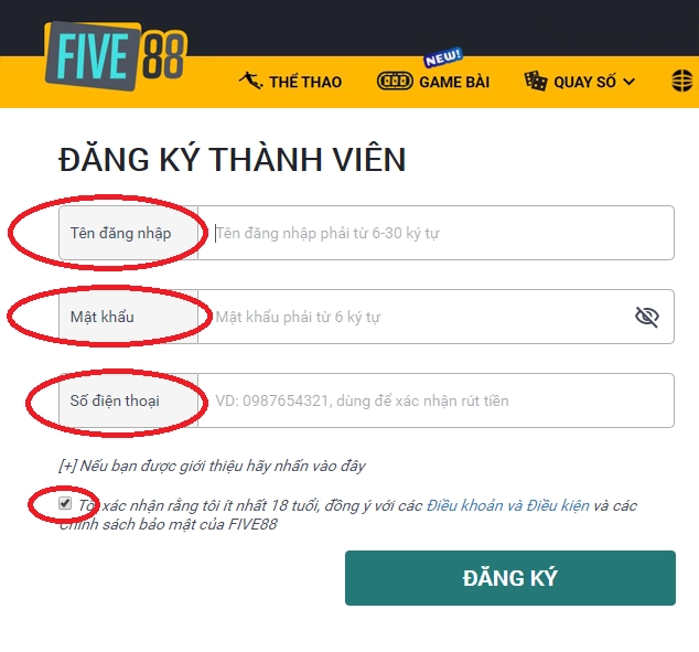 Giao diện đăng ký Five88